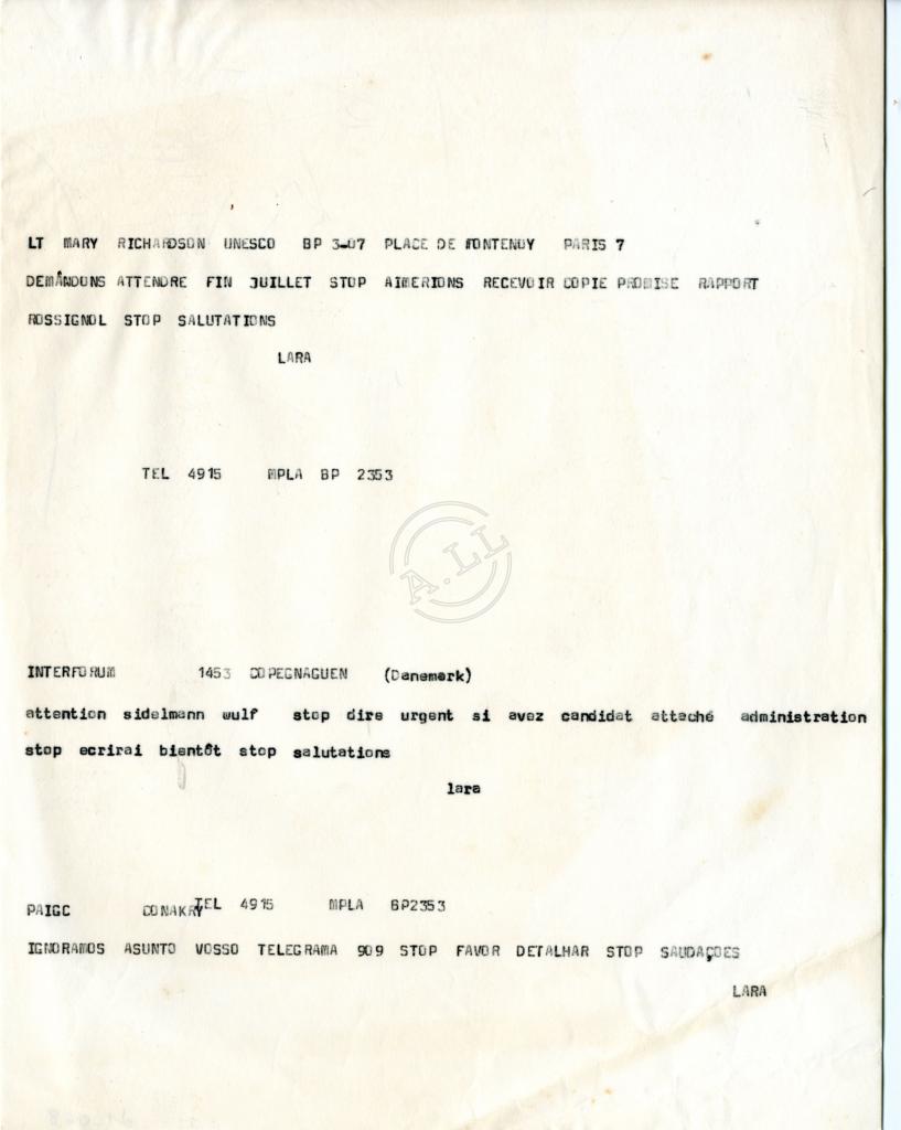 Conjunto de 3 Telegramas de Lúcio Lara a Mary Richardson; ao Interforum e ao PAIGC
