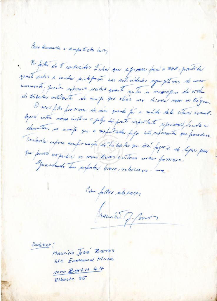 Carta de Maurício José Barros (Berlim) a Lúcio Lara