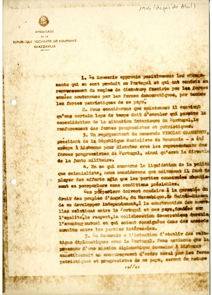 Documento da Embaixada da Roménia em Brazzaville sobre relações entre a Roménia e Portugal