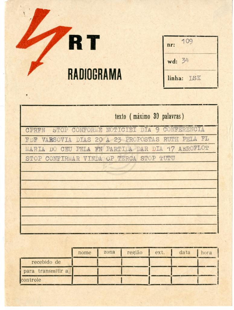 Radiograma de «Tutu» à CPRFN