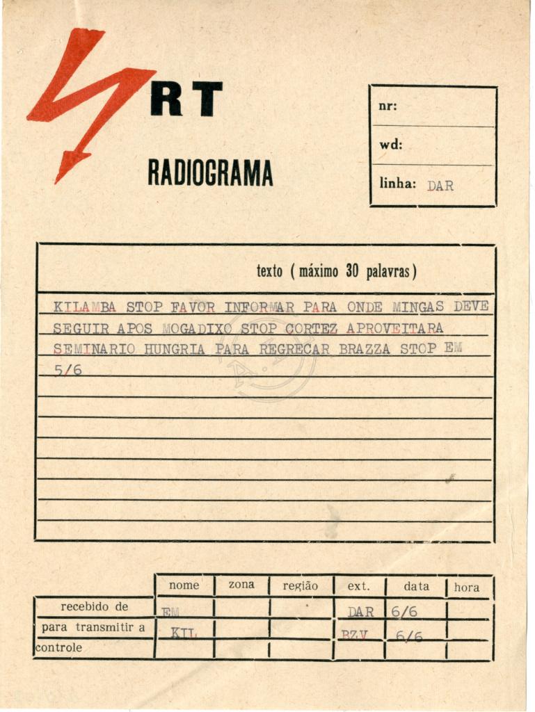 Radiograma do EM a «Kilamba»