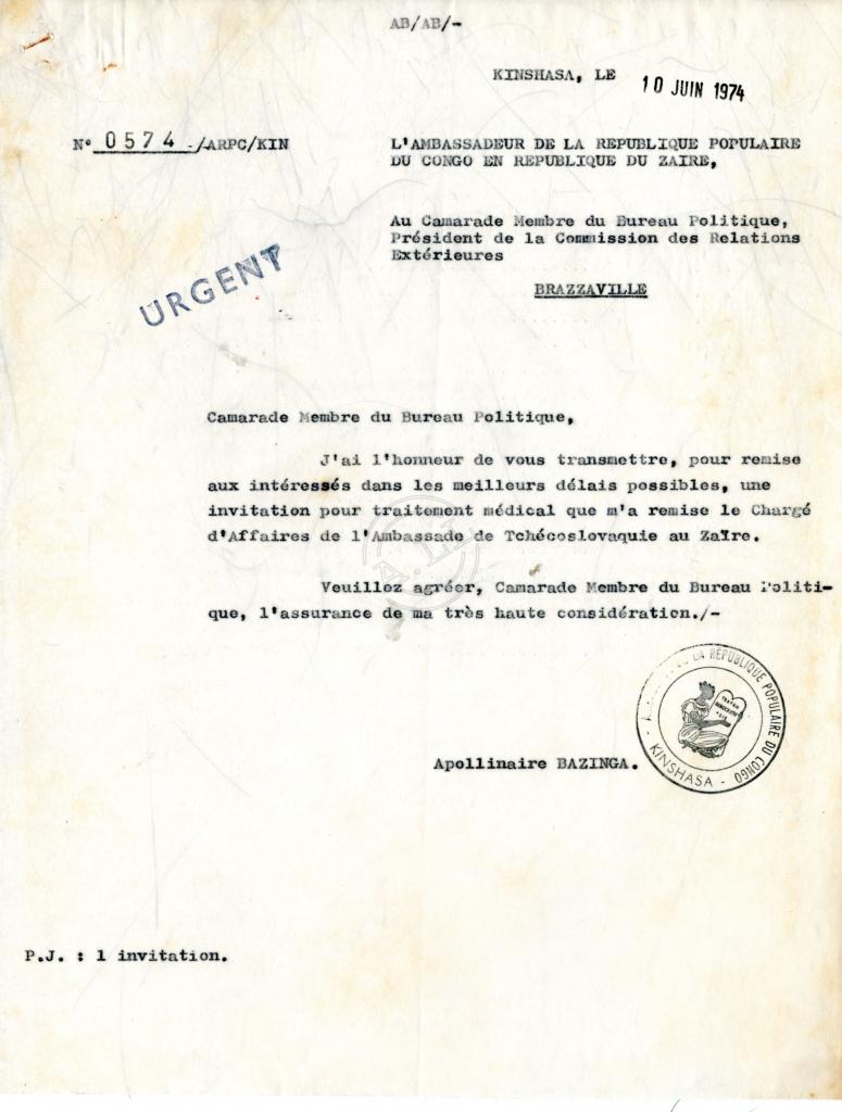 Carta de Apollinaire Bazinga ao Presidente da Comissão das Relações Exteriores
