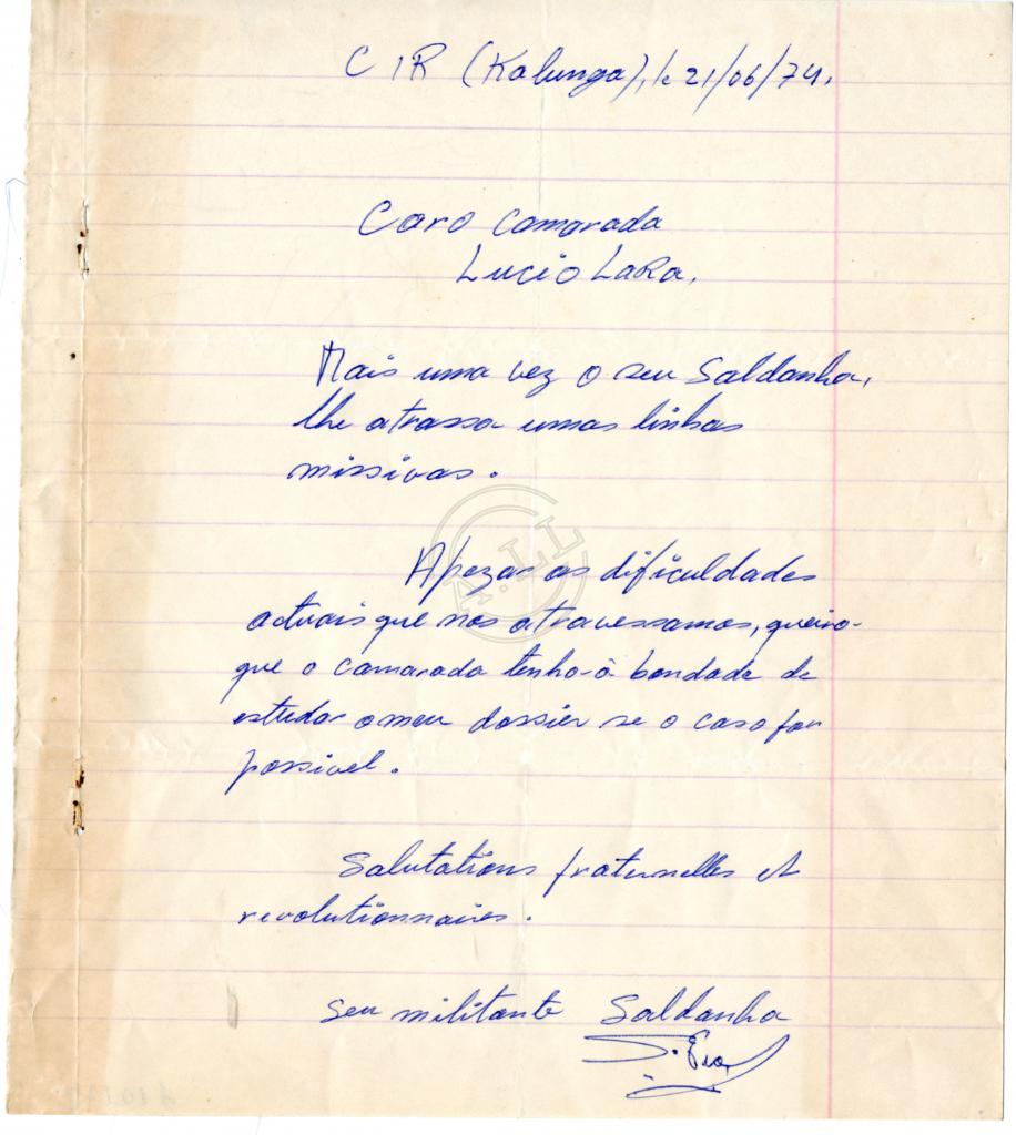 Carta de Saldanha (CIR-Kalunga) a Lúcio Lara