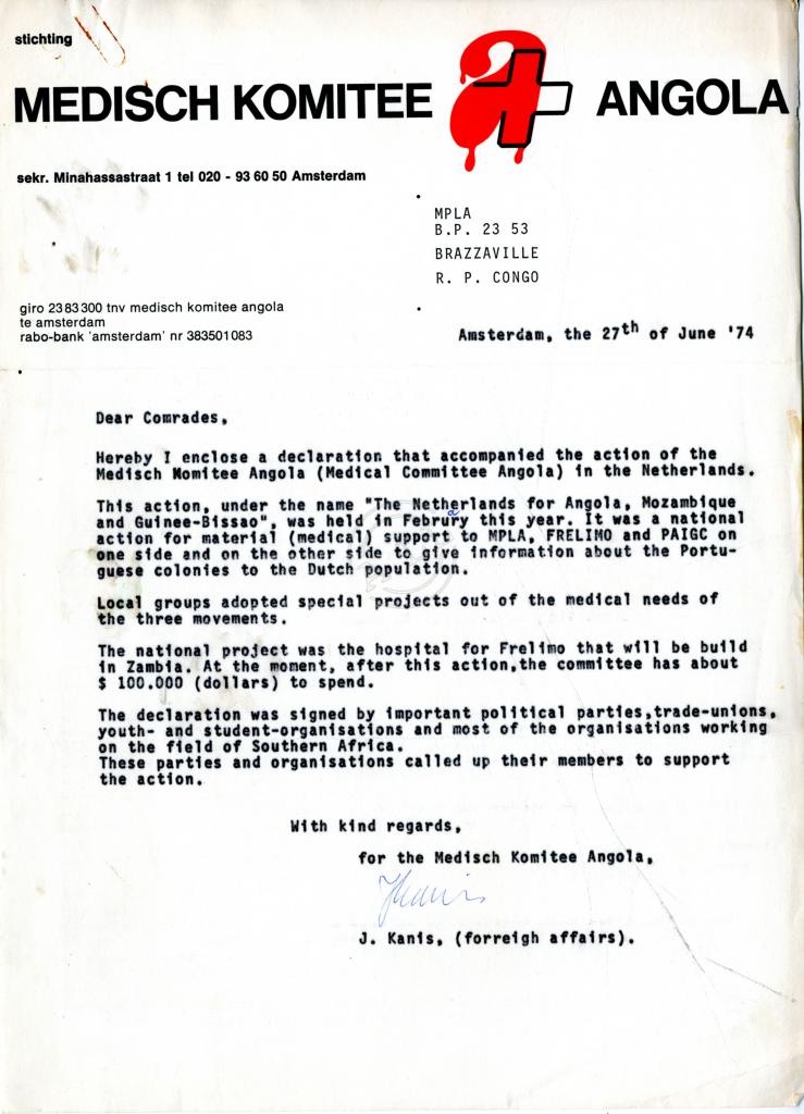 Carta de J. Kanis ao MPLA