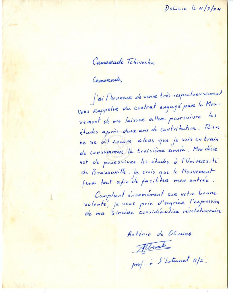 Carta de António de Oliveira a Tchiweka