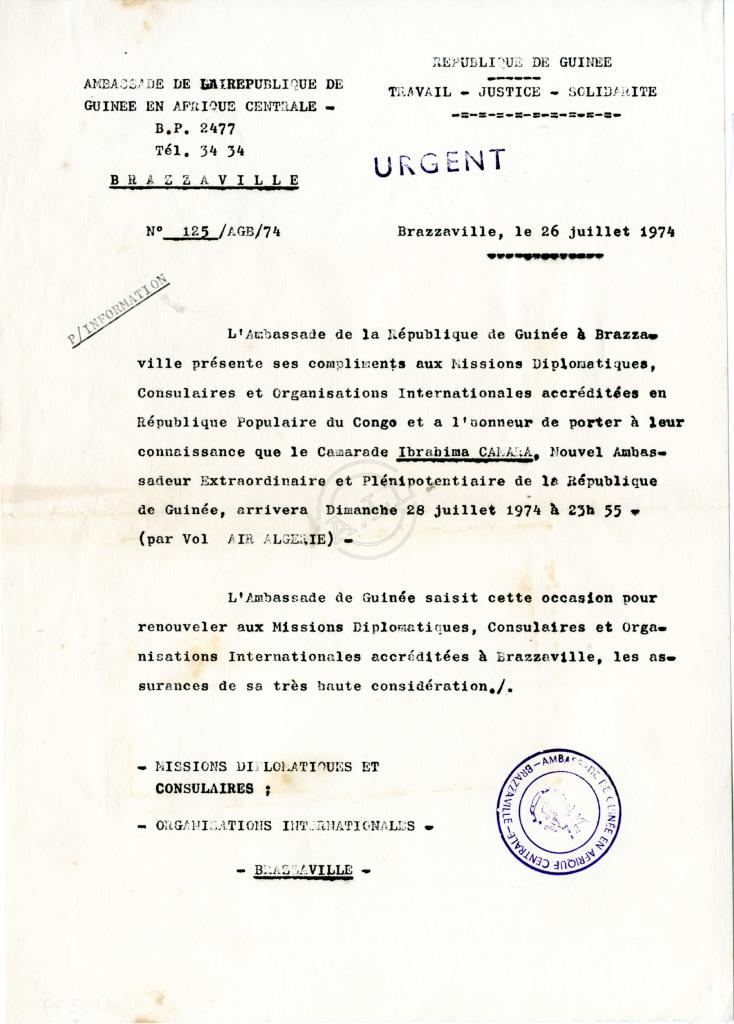 Carta da Embaixada da Rep. da Guiné em Brazzaville