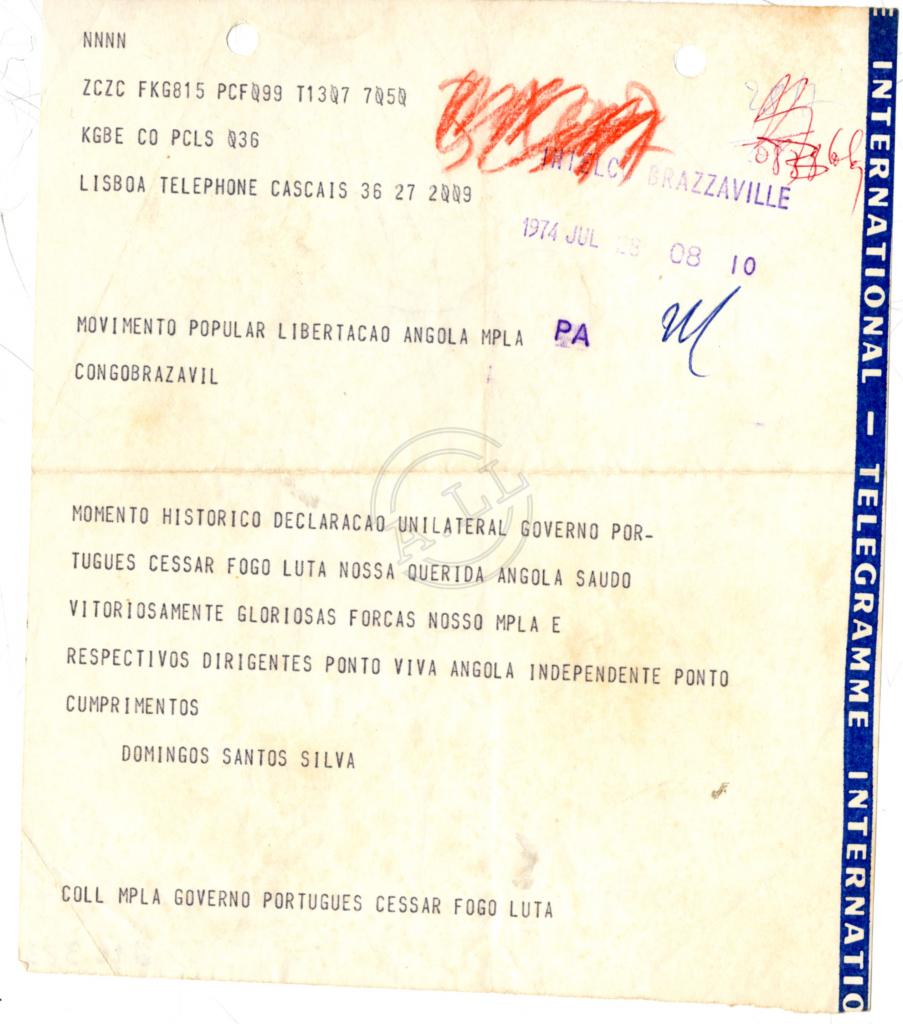 Telegrama de Domingos Santos Silva ao MPLA