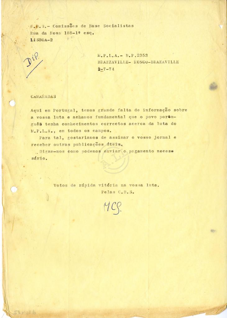 Carta de CBS (Comissões de Base Socialistas – Lisboa) ao MPLA