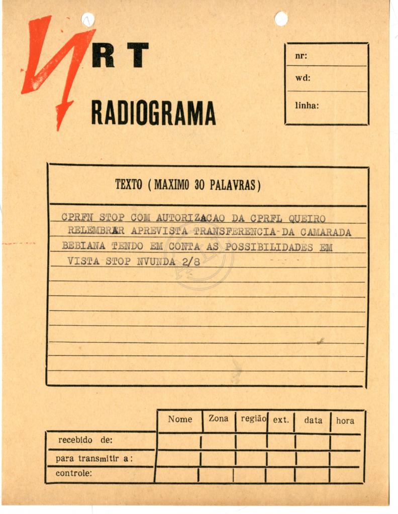 Radiograma de Nvunda a CPRFN