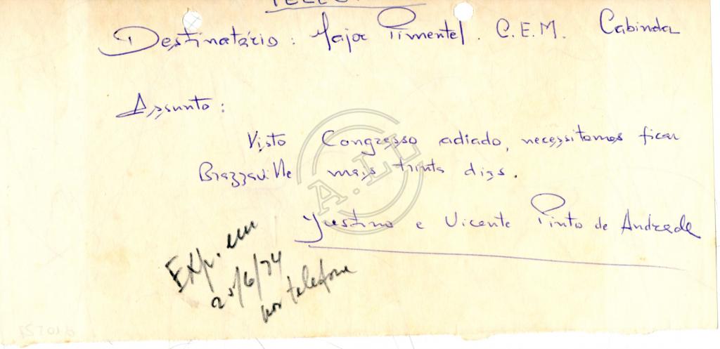 Telegrama de Justino e Vicente Pinto de Andrade a Major Pimentel