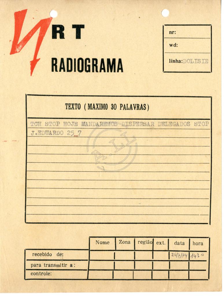 Radiograma de José Eduardo a «Tchiweka»
