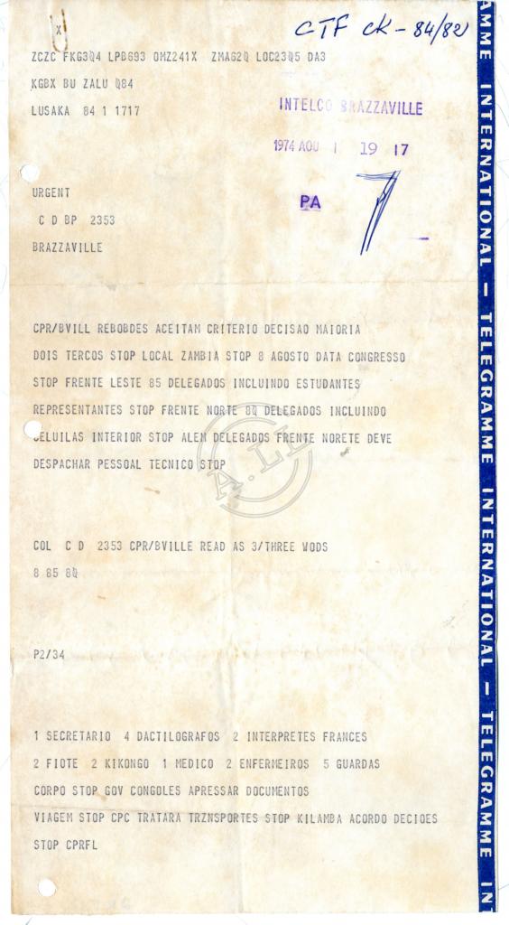 Telegrama da CPRFL ao Comité Director do MPLA