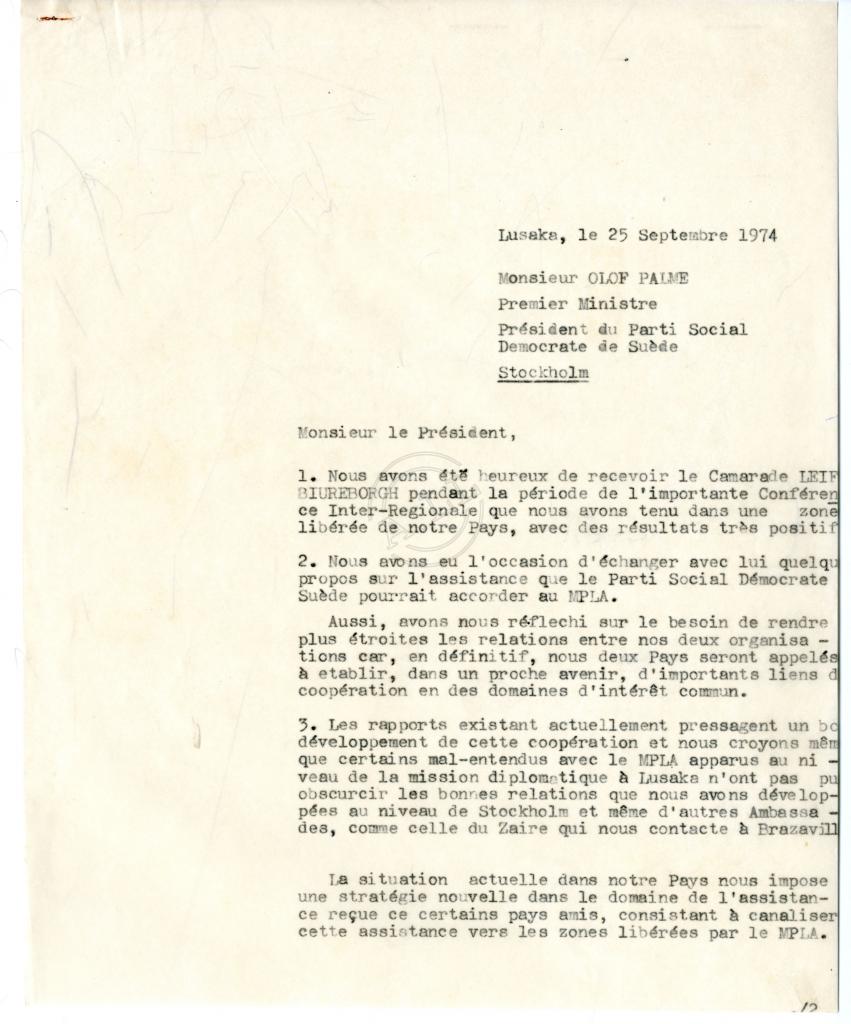 Carta de Agostinho Neto a Olof Palme