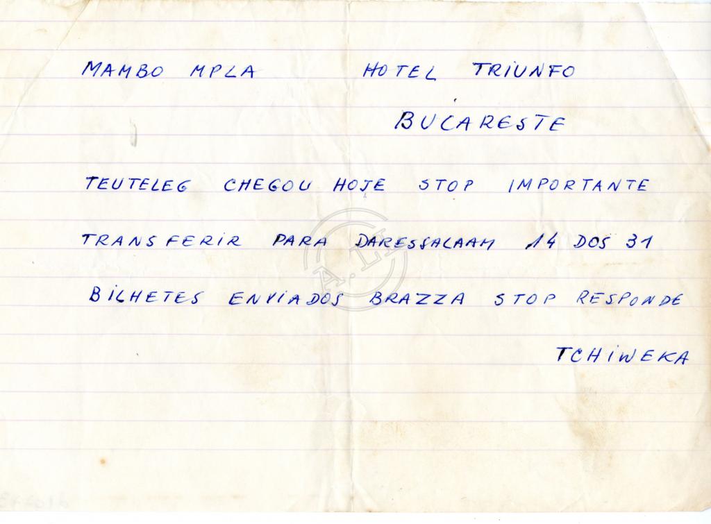 Telegrama de Tchiweka a Maria Mambo