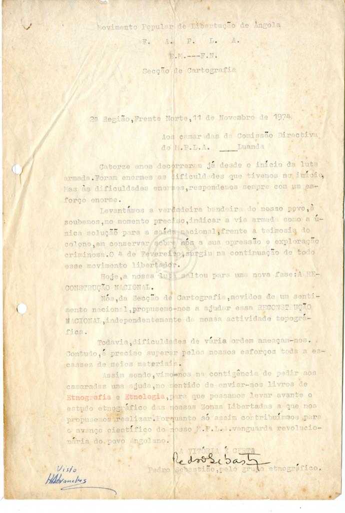 Carta de Pedro Sebastião (grupo etnográfico) à Comissão Directiva do MPLA