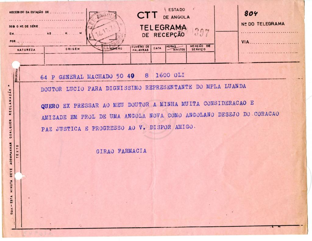 Telegrama de Girão Farmácia à Delegação do MPLA em Luanda