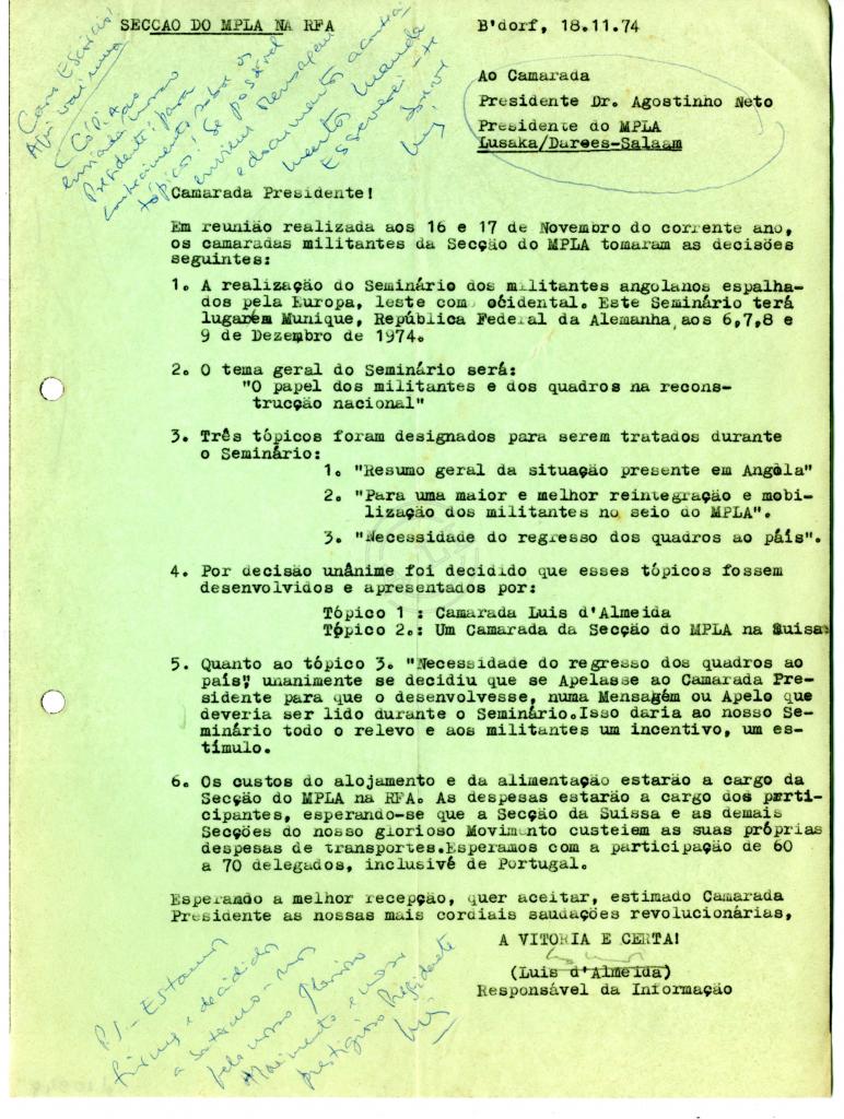 Informação de Luís de Almeida, da secção do MPLA na RFA