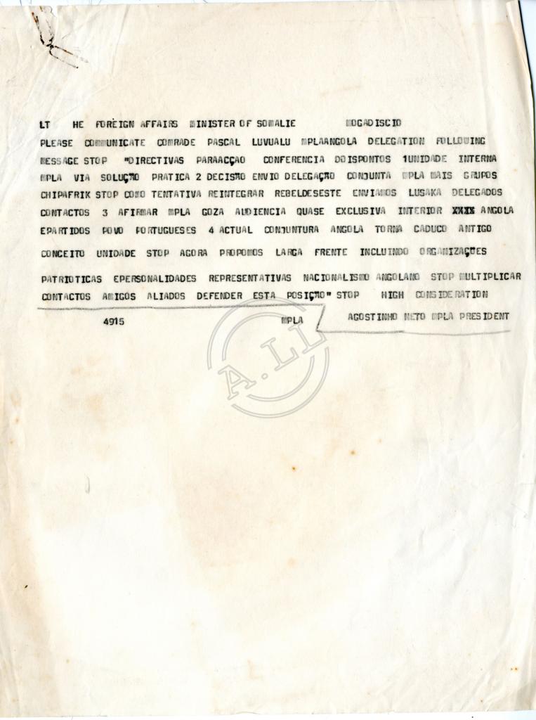 Telegrama de Agostinho Neto a Ministro dos Negs. estrang. da Somália
