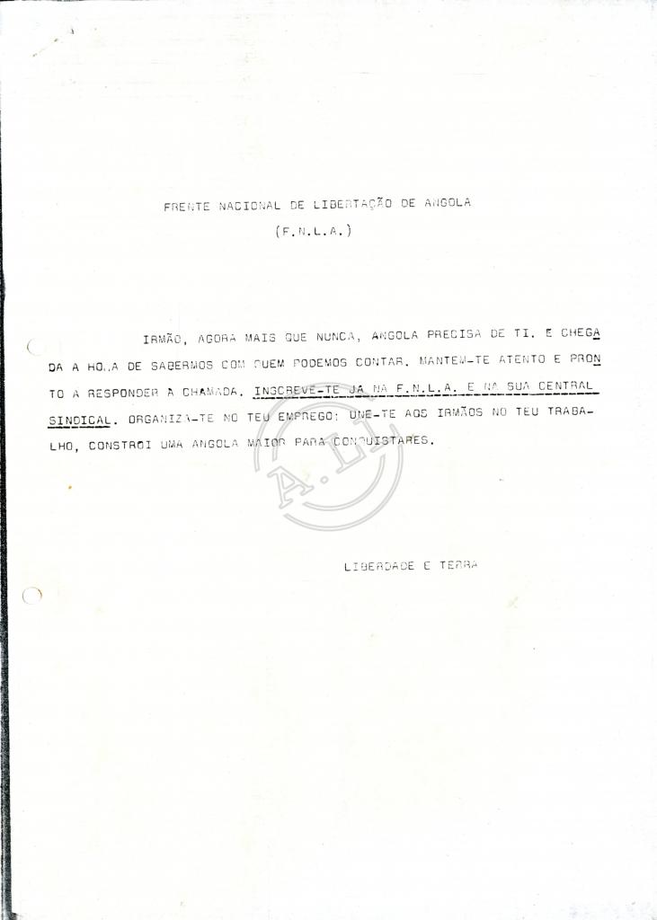Panfleto de inscrição na Central Sindical da FNLA (CSA)