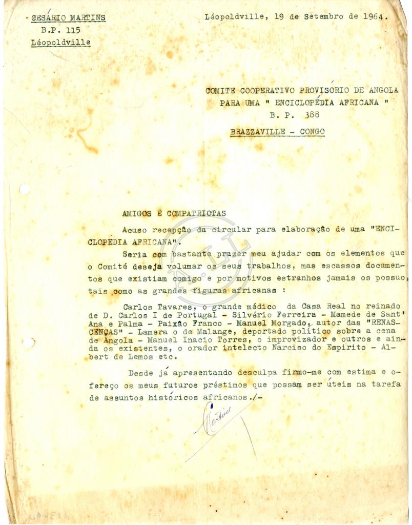 Carta de Cesário Martins ao Comité Cooperativo Provisório de Angola