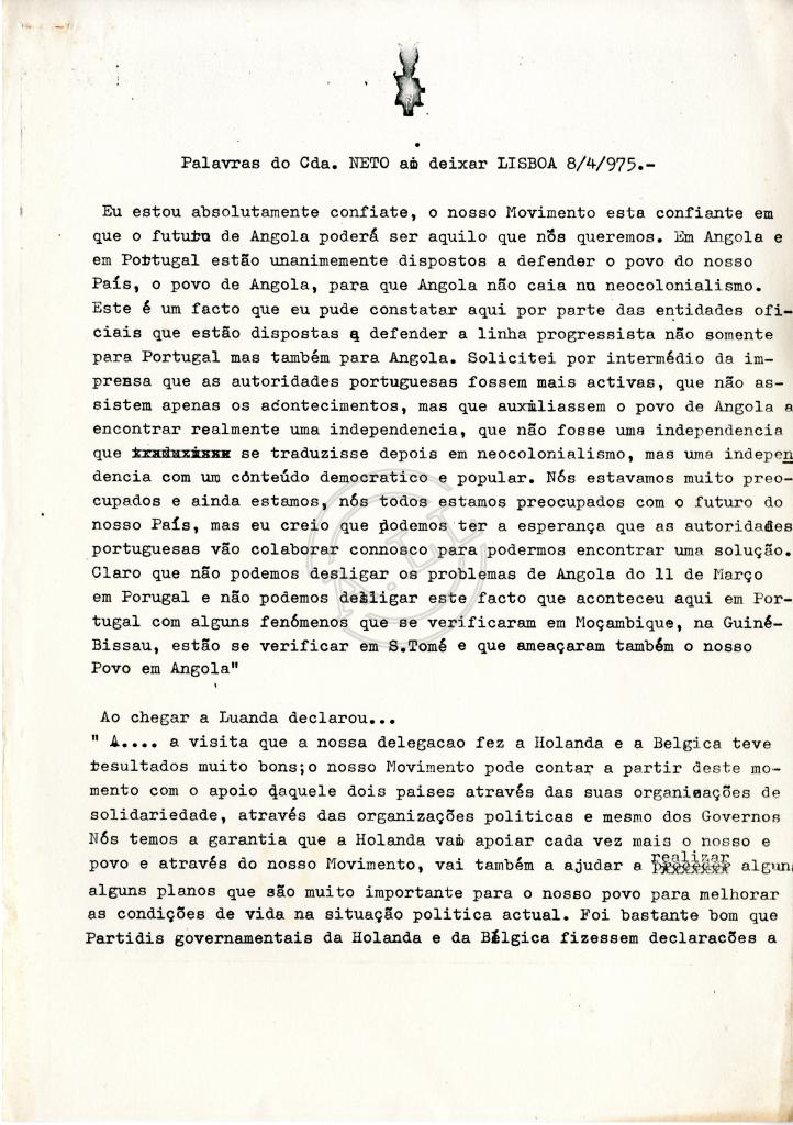 Declaração de Agostinho Neto ao deixat Lisboa