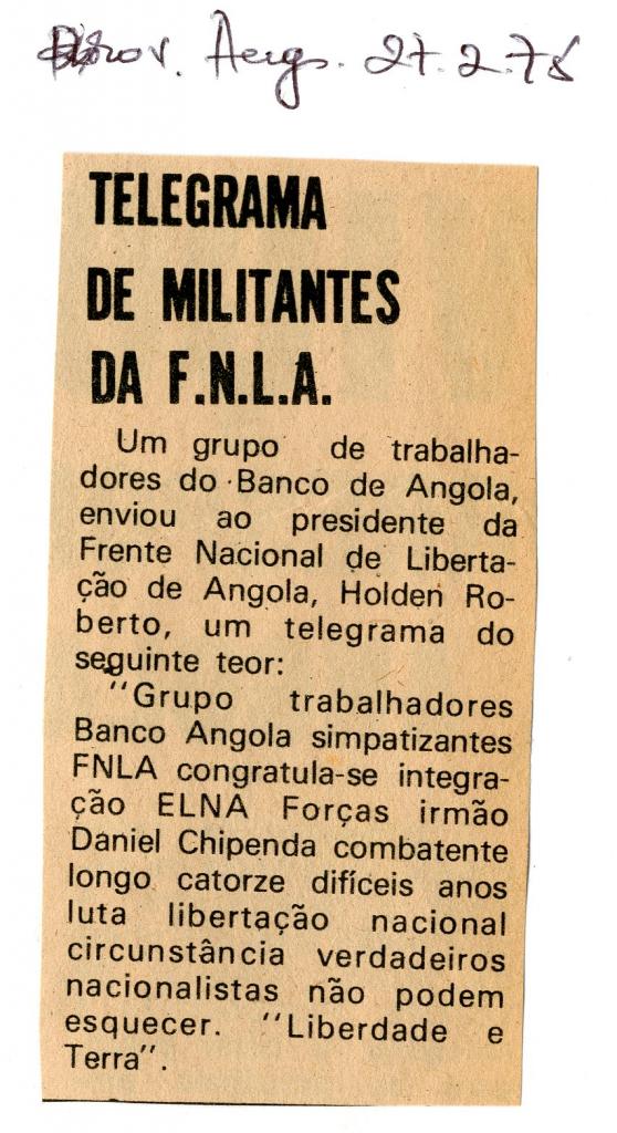 Telegrama de militantes da FNLA