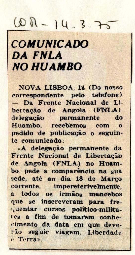 Comunicado da FNLA no Huambo