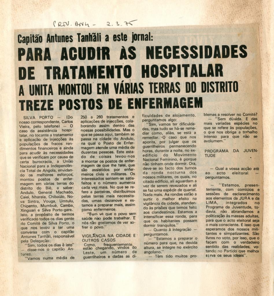 A UNITA montou 13 postos de enfermagem em Silva Porto