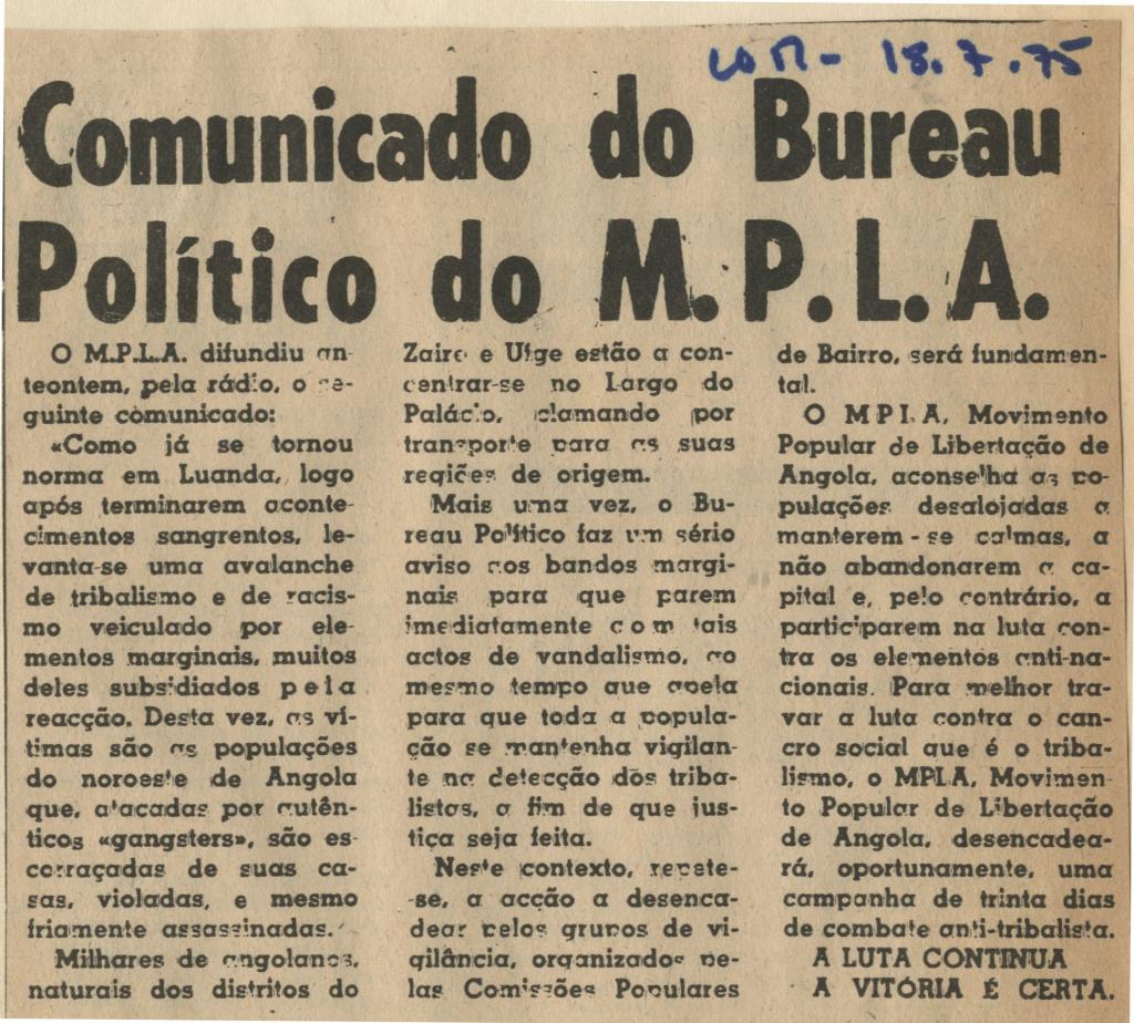 Comunicado do Bureau Político do MPLA